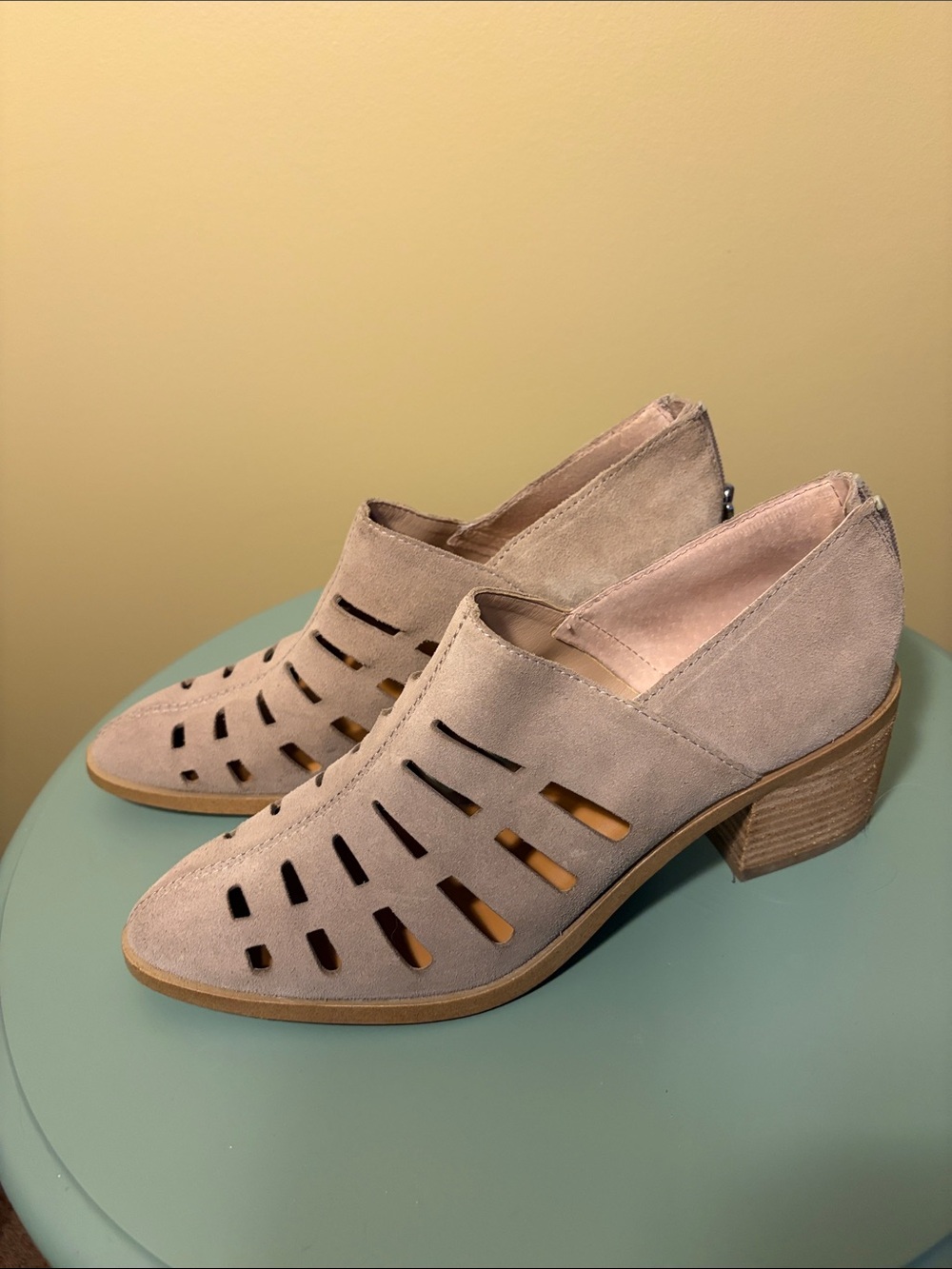 1. State Taupe Cutout Suede Low Heel Booties
